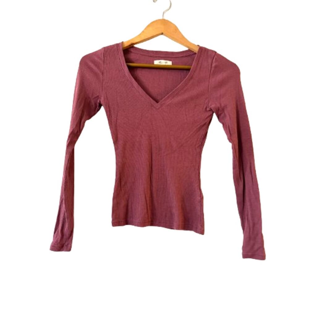 Madewell Brightside Finerib Tee Top XXS Pressed Grape V-Neck Long-Sleeve Cropped